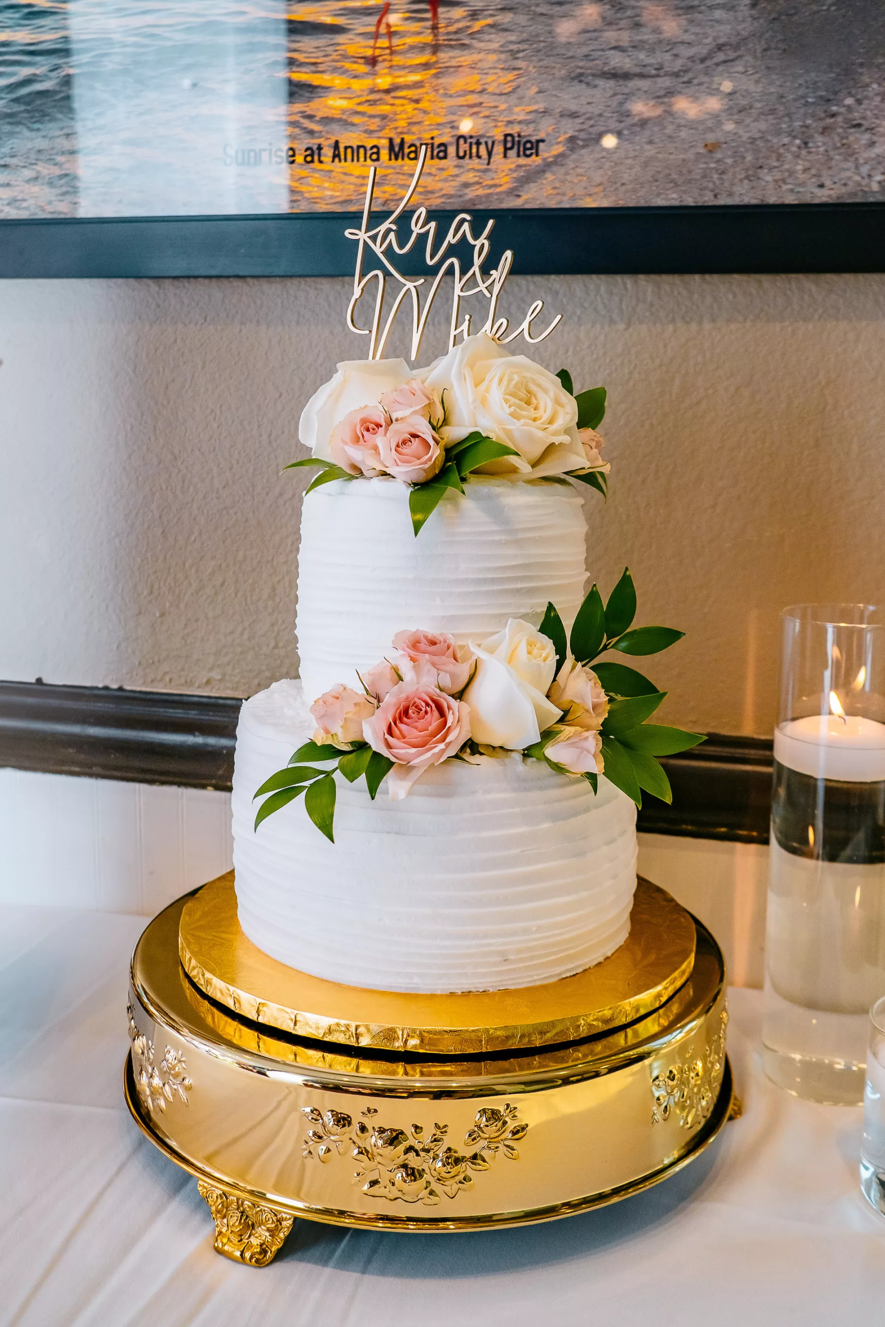 Round Two Tiered White Textured Buttercream, Pink Roses, and Greenery Inspiration