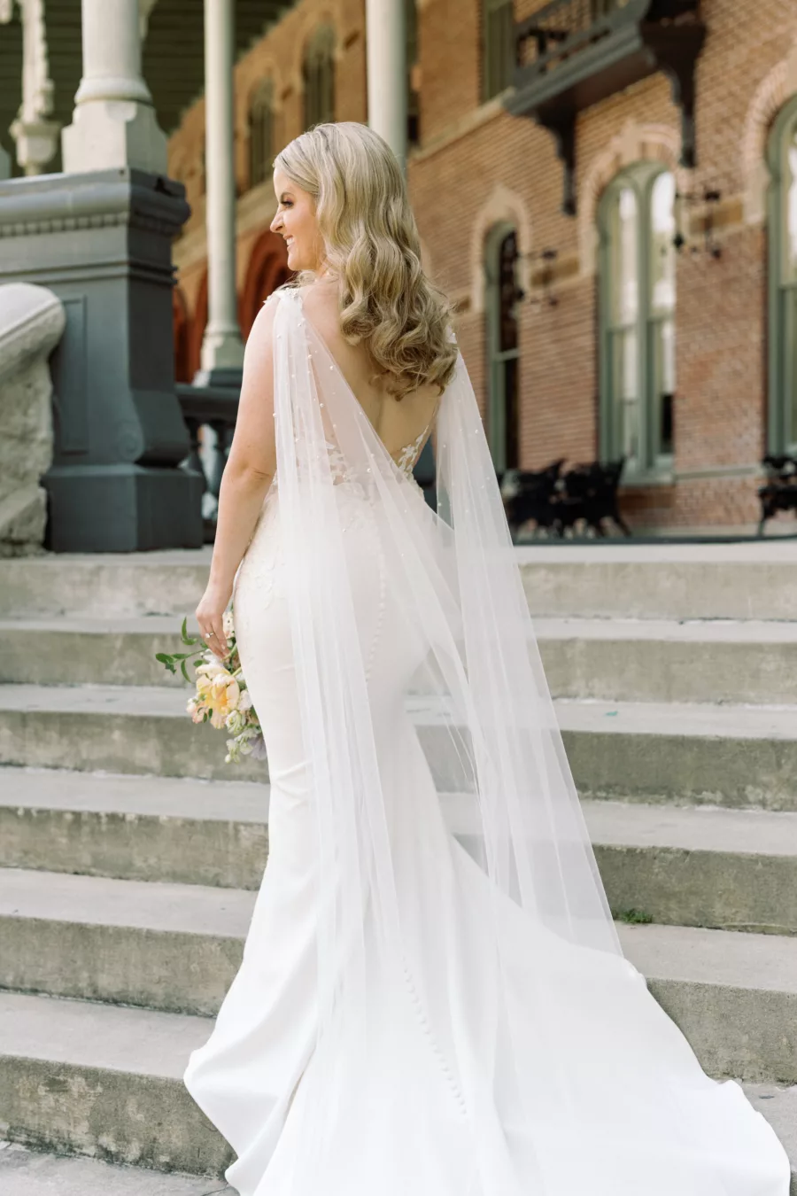 White Lace Fit and Flare Wedding Dress with Illusion Plunging Neckline and Open Back Inspiration | Veil Cape Ideas | Boutique Truly Forever Bridal Tampa | Tampa Bay Photographer Dewitt For Love Photography