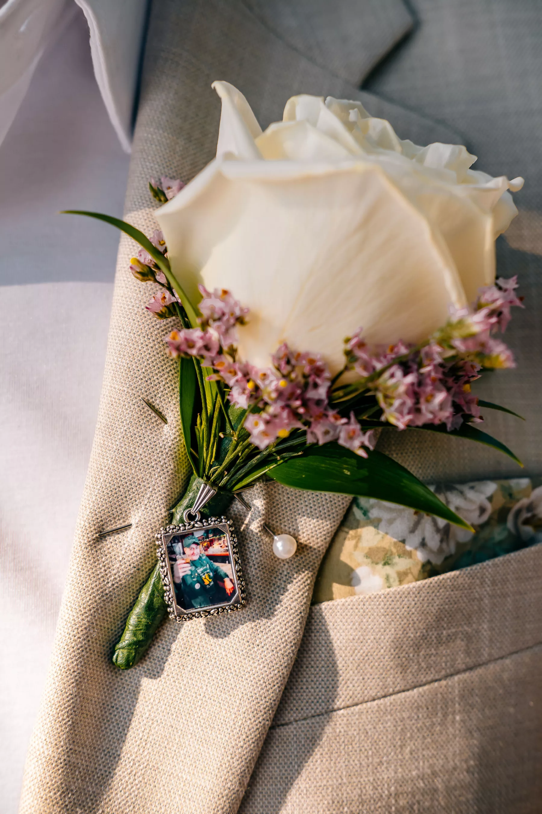 Groom's White Rose Boutonniere with Memorial Charm Inspiration