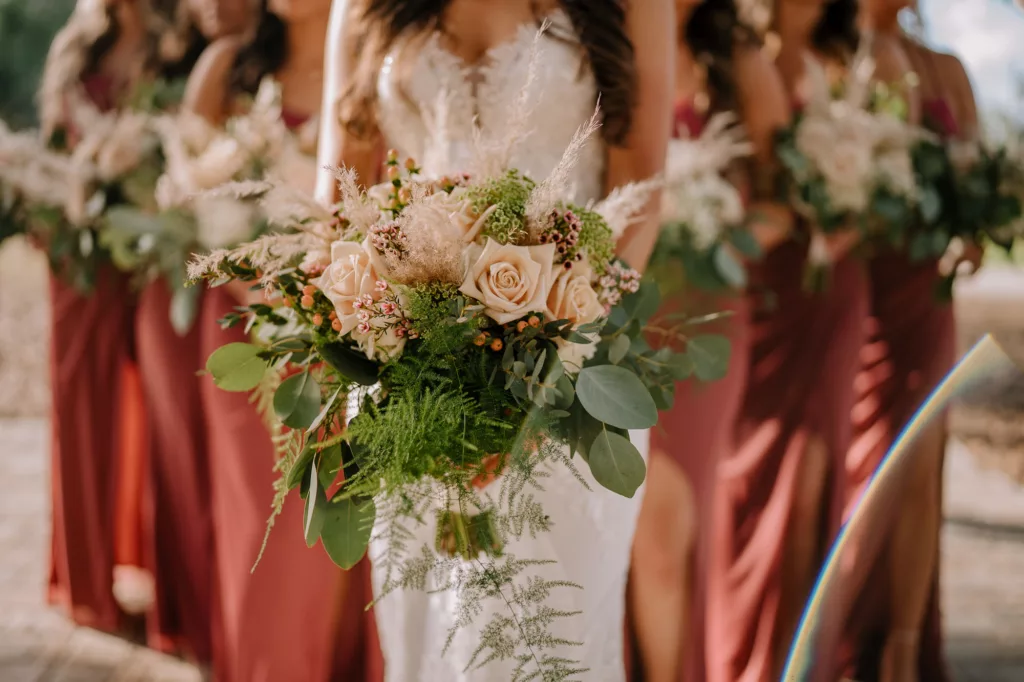 Spring Boho Wedding Bouquet Ideas with Blush Pink Roses, Alyssum, Pampas Grass, and Greenery