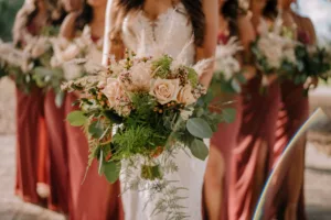 Spring Boho Wedding Bouquet Ideas with Blush Pink Roses, Alyssum, Pampas Grass, and Greenery