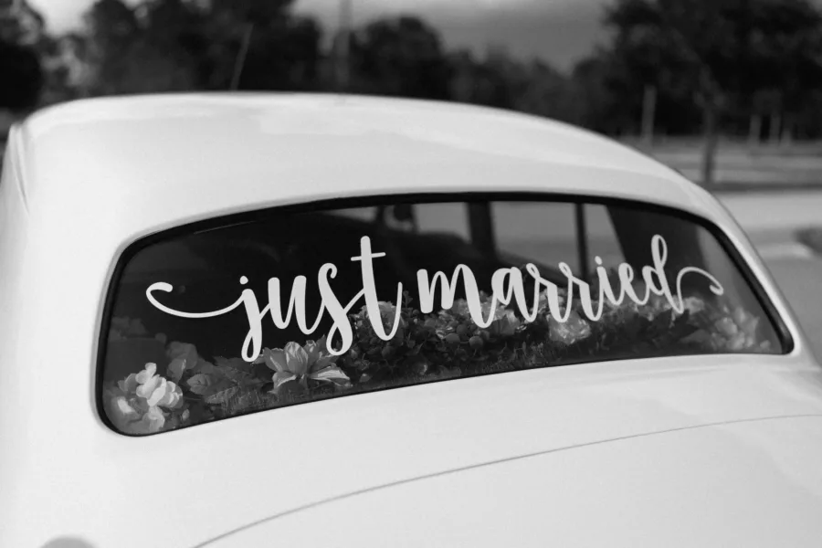 Antique Wedding Day Getaway Car with Just Married Sticker Ideas