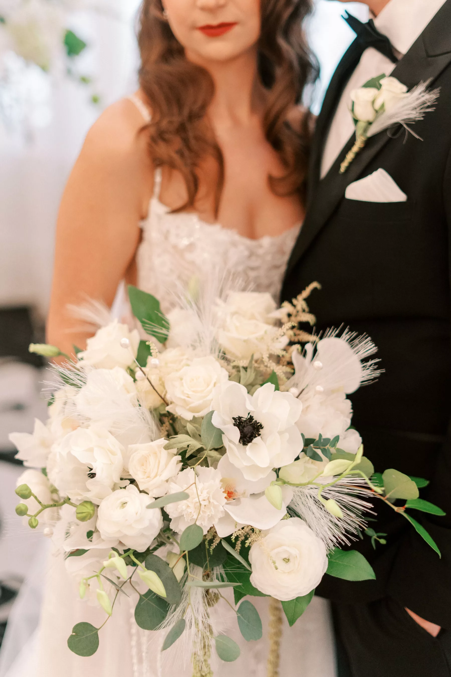 White Anemone, Hydrangeas, Carnations, Feathers, and Greenery Wedding Bouquet Ideas