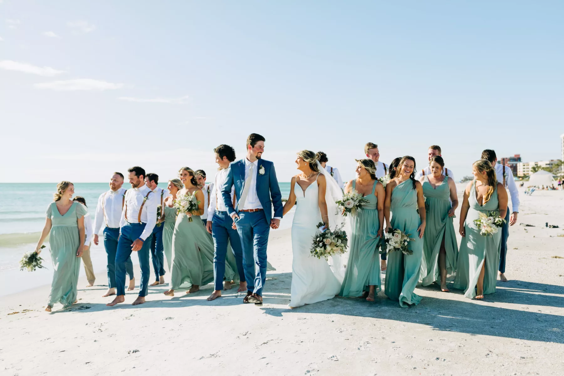 Sage and Blue Bridal Party Attire for Beach Wedding Inspiration | Mismatched Green Bridesmaid Dresses