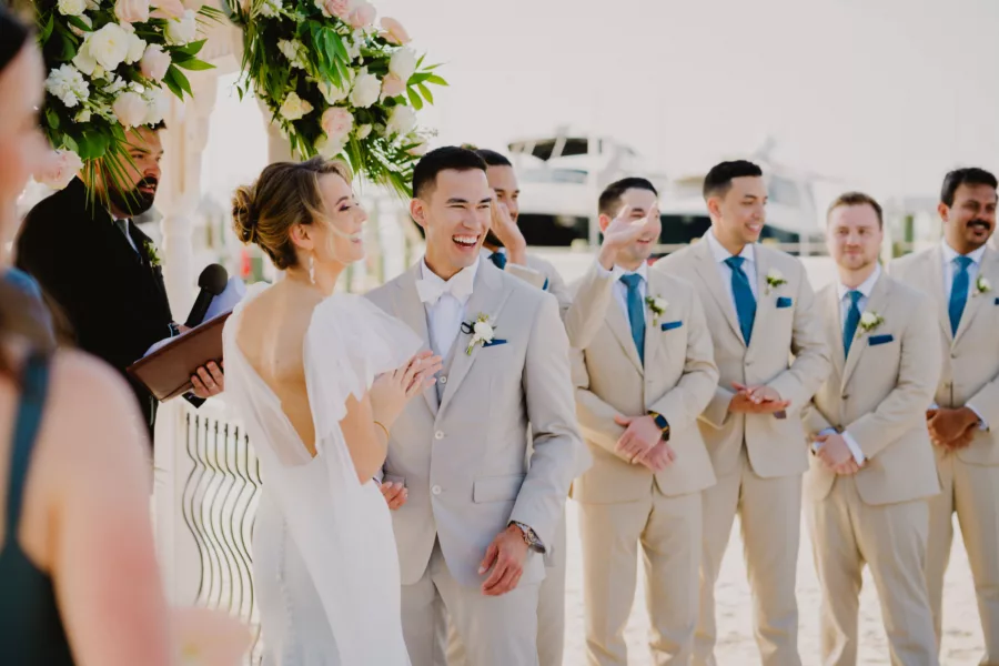 Bride and Groom Vow Exchange Tropical Beach Wedding Ceremony Inspiration
