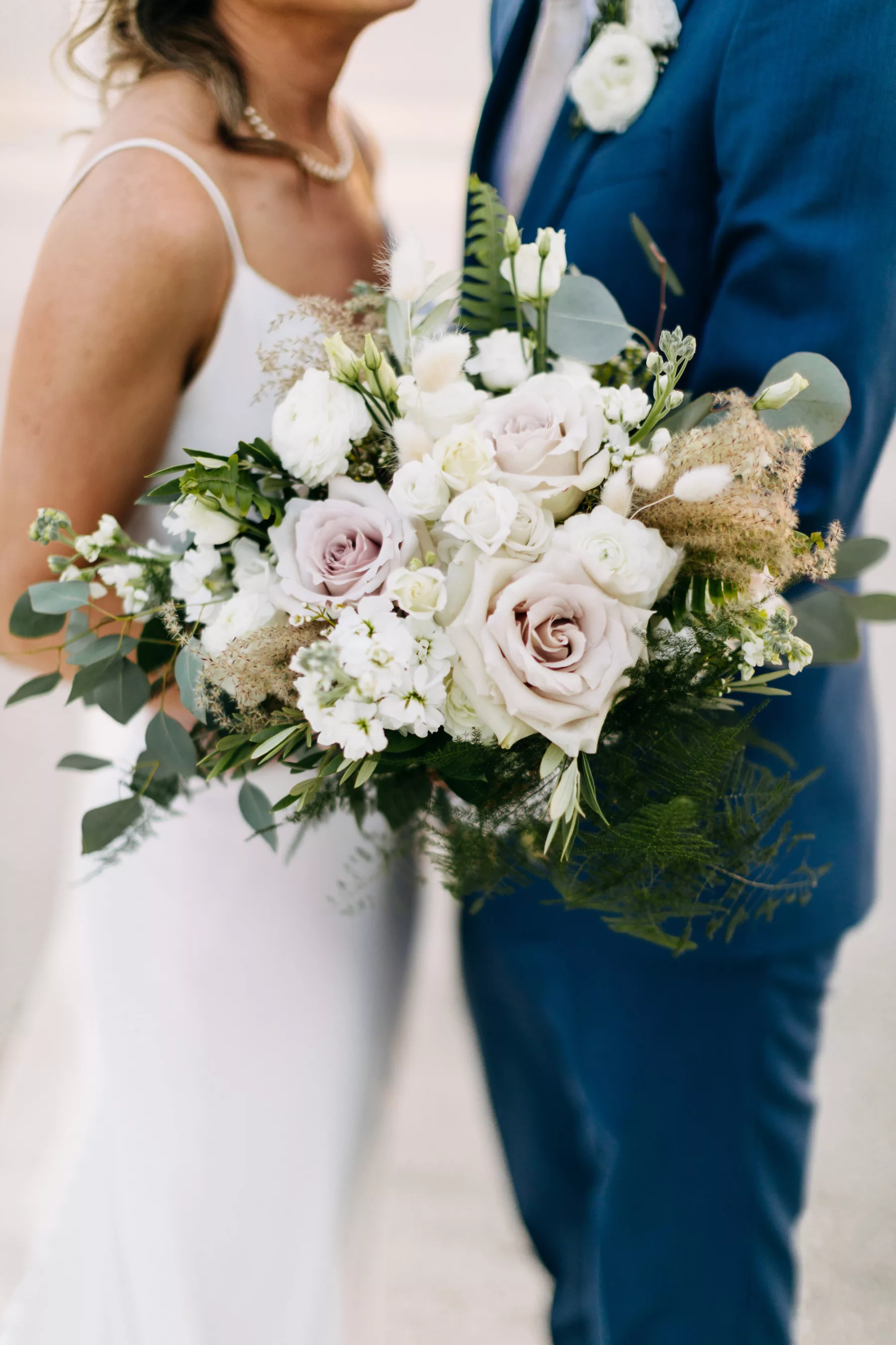 Romantic Pastel Dusty Purple and White Roses, Fern, and Greenery Beach Wedding Bouquet Ideas
