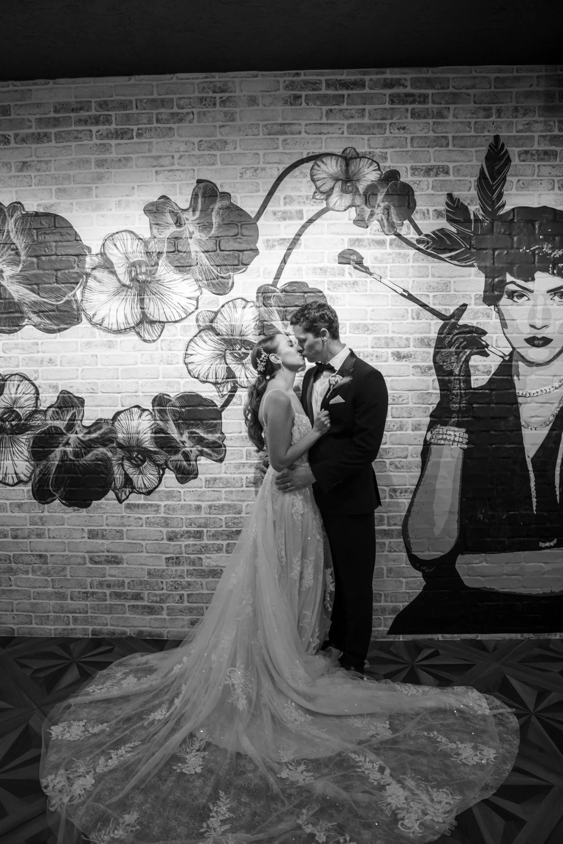 Romantic Bride and Groom Black and White Wedding Portrait | Roaring Twenties Inspired The Dan Bar | Nude and Ivory Beaded Lace A-line Wedding Dress Ideas | Boutique Truly Forever Bridal Tampa | Photographer Eddy Almaguer Photography