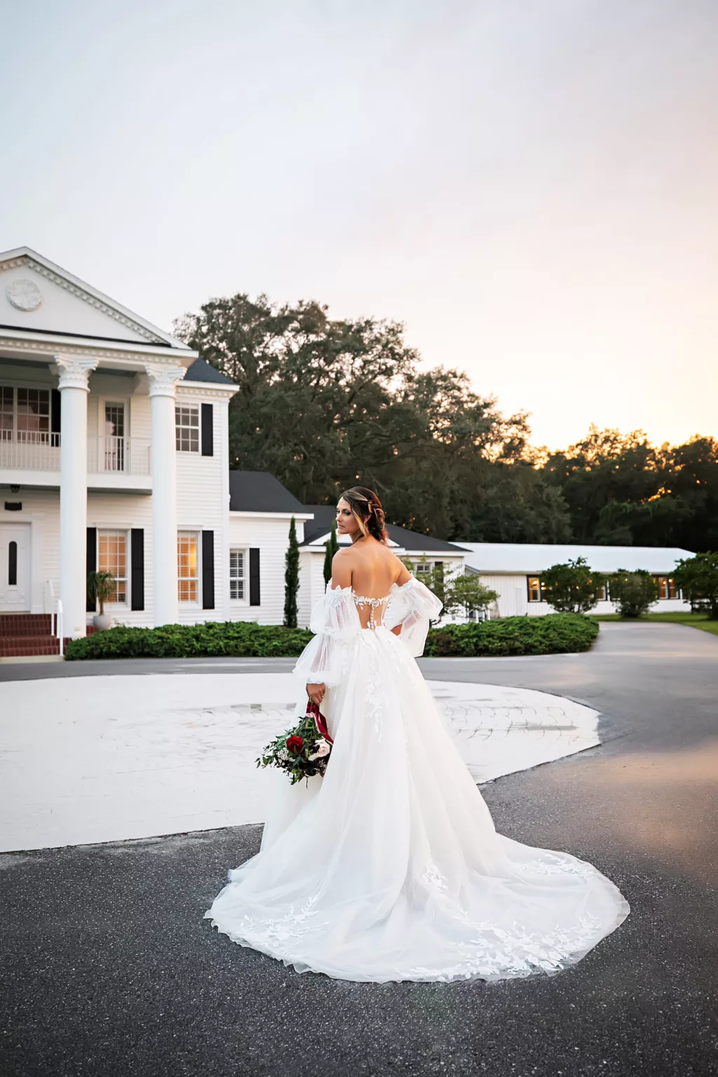 White Tulle A-Line Wedding Dress with Off The Shoulder Puff Sleeves | Tampa Bay Event Venue Legacy Lane Weddings | Photographer Limelight Photography | Videographer Priceless Studio Design