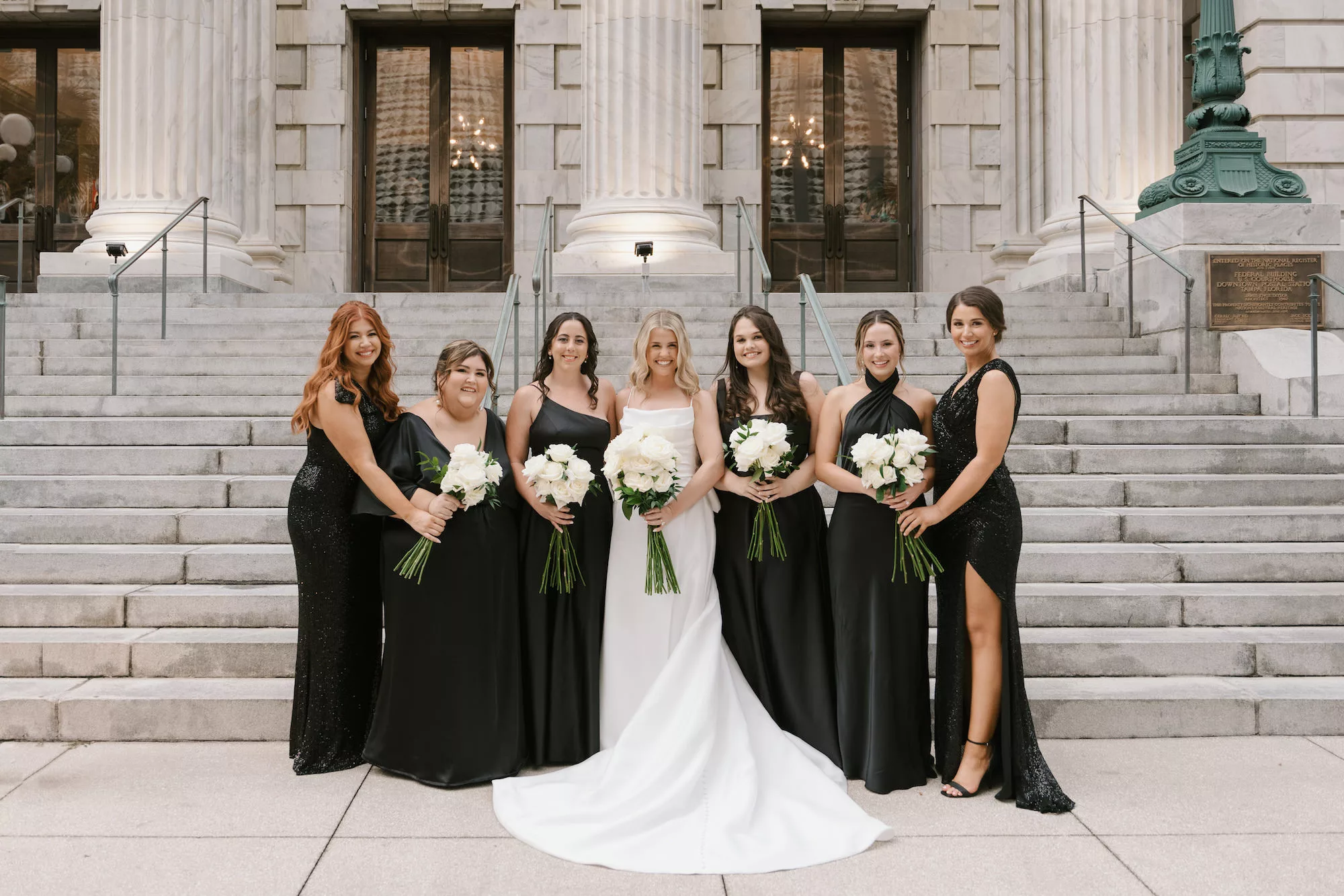 Mimatched Black Bridesmaid Wedding Dress Ideas | Long Stem White Rose Bouquet Inspiration