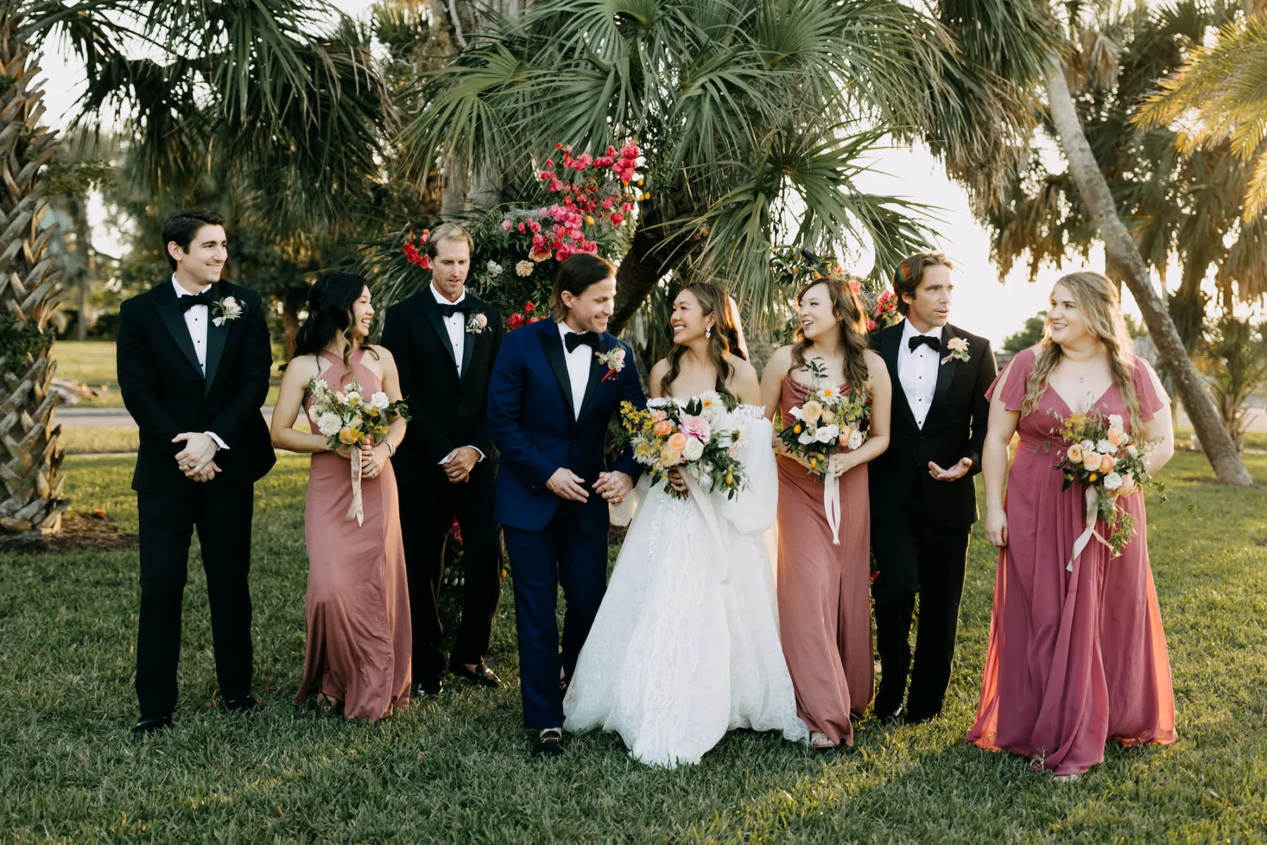 Mismatched Pink Bridesmaid Dresses | Black Tuxedo Wedding Attire Ideas