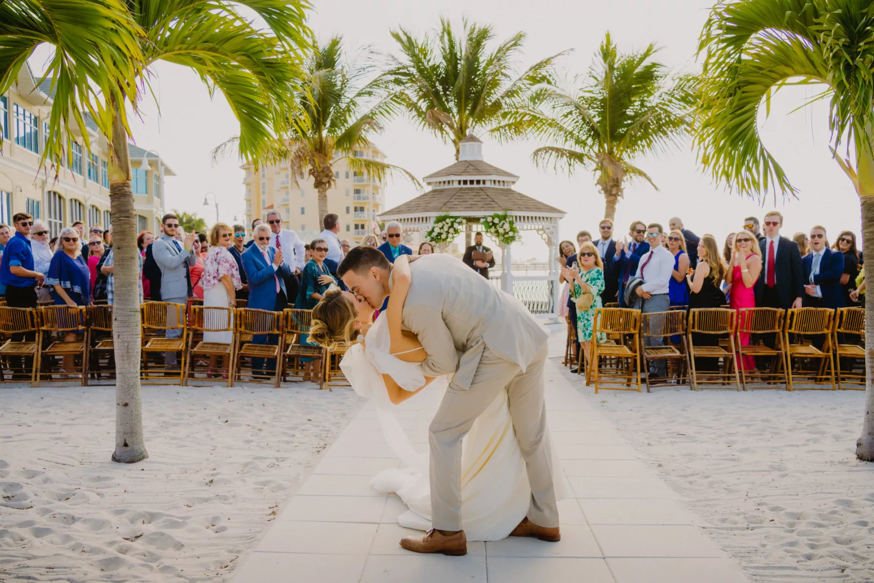 Bride and Groom Just Married Wedding Portrait | Tropical Gazebo Beach Wedding Ceremony Inspiration | St Pete Event Venue Isla Del Sol Yacht and Country Club | Tampa Bay Planner Coastal Coordinating