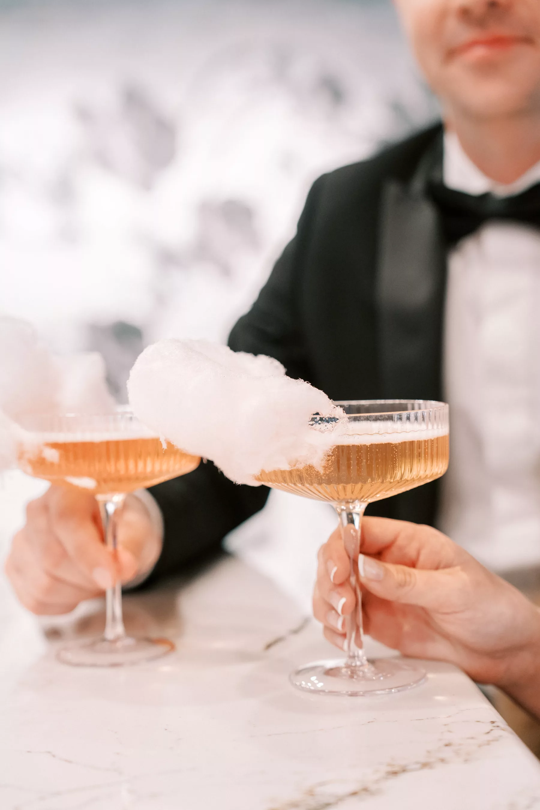 Vintage Coupe Champagne Glass Cotton Candy Cocktail for Great Gatsby Wedding Reception Cocktail Hour Ideas