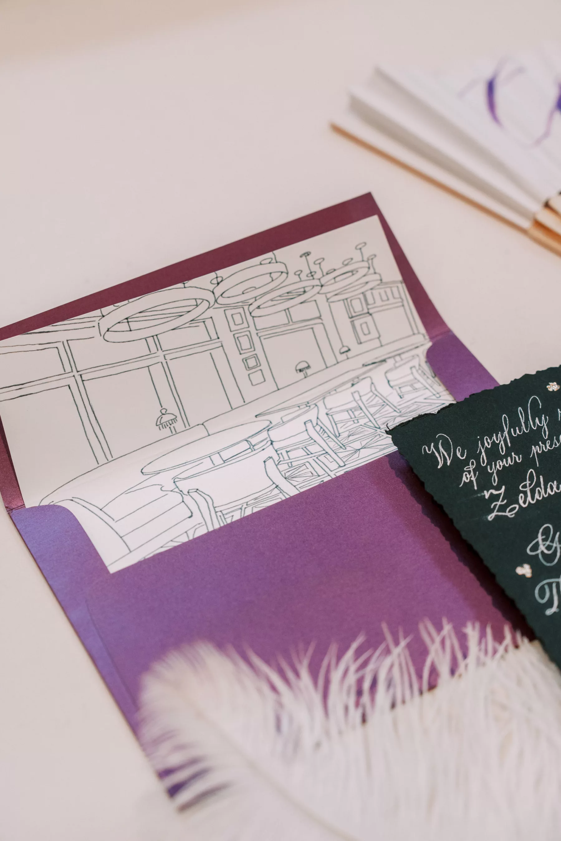 Hand Drawn Script Black and Purple Great Gatsby Inspired Wedding Invitation Suite Ideas | Tampa Bay Stationery Inky Fingers Calligraphy | Hotel Flor The Dan Restaurant Drawing