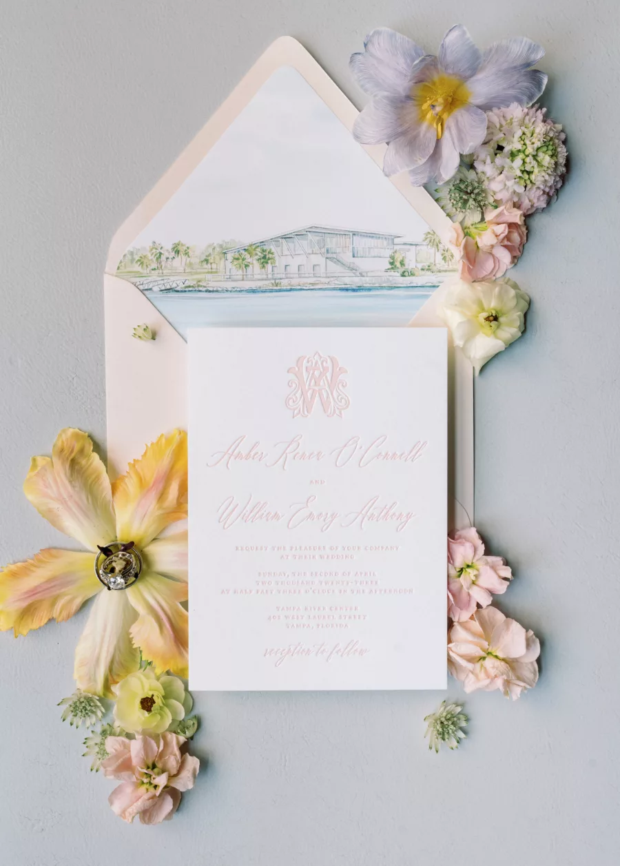 Elegant Light Pink Embossed Wedding Invitation Ideas with Custom Tampa River Center Venue Sketch
