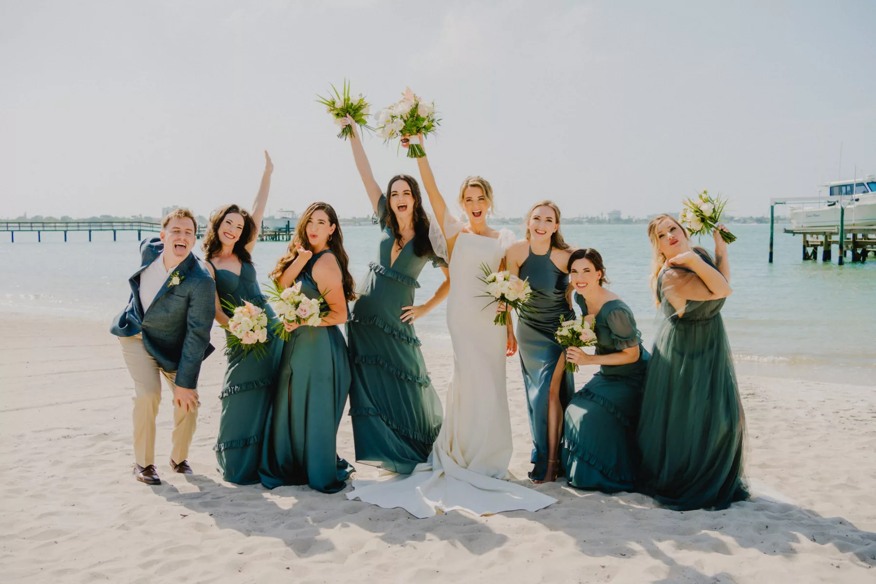 Mismatched Eucalyptus Green Bridesmaid Dresses Inspiration | Green and Khaki Bridesman Suit Ideas | Classic White Satin Fit and Flare Justin Alexander Wedding Dress with Tulle Cape Veil