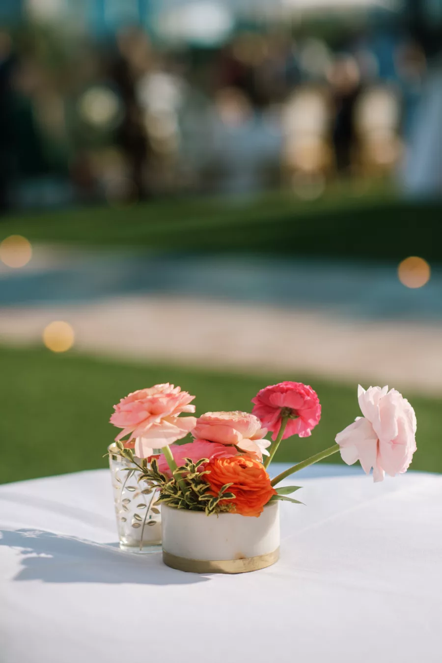Elegant Spring Pink Carnations, Roses, and Ranunculus Wedding Reception Cocktail Hour Centerpiece Decor Ideas