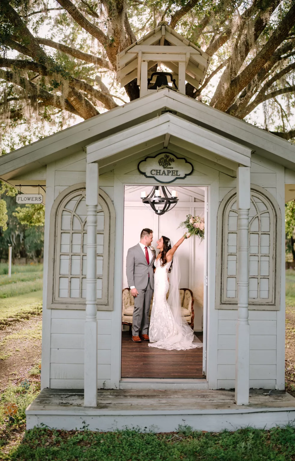 Bride and Groom In Chapel Sunset Wedding Portrait | Rustic Boho Wedding Inspiration | Florida Event Venue Ever After Farms Flower Wedding Barn | Tampa Wedding Photographer and Videographer Sabrina Autumn Photography