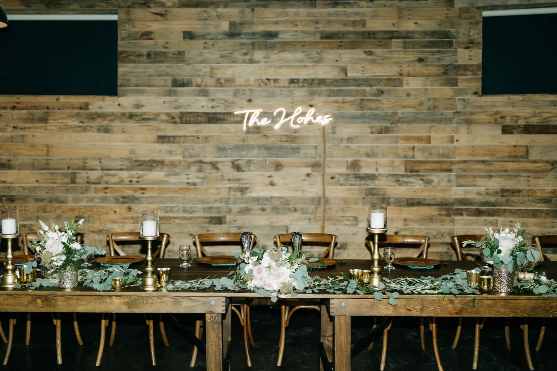 Rustic Fall Beach Wedding Reception Head Table Decor Inspiration | White Roses and Greenery Garland | White Neon Sign Ideas | Tampa Bay Event Venue The West Events