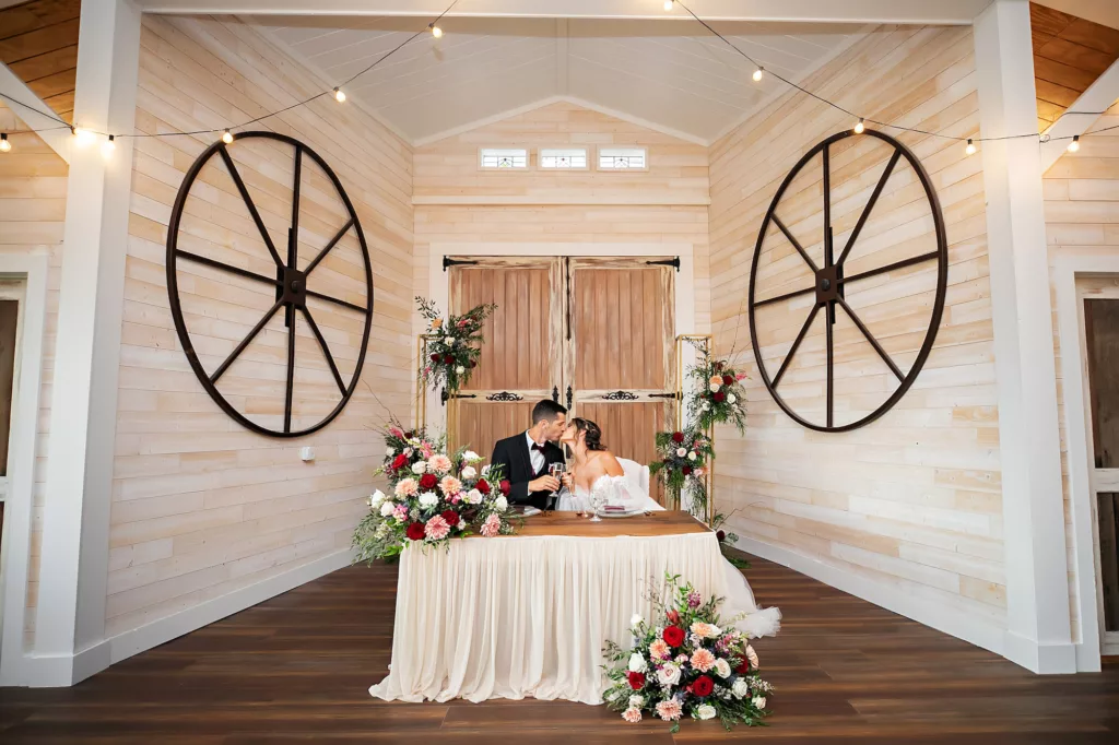 Modern Rustic Wedding Reception Sweetheart Table | Brooksville Event Venue Legacy Lane Weddings | Photographer Limelight Photography