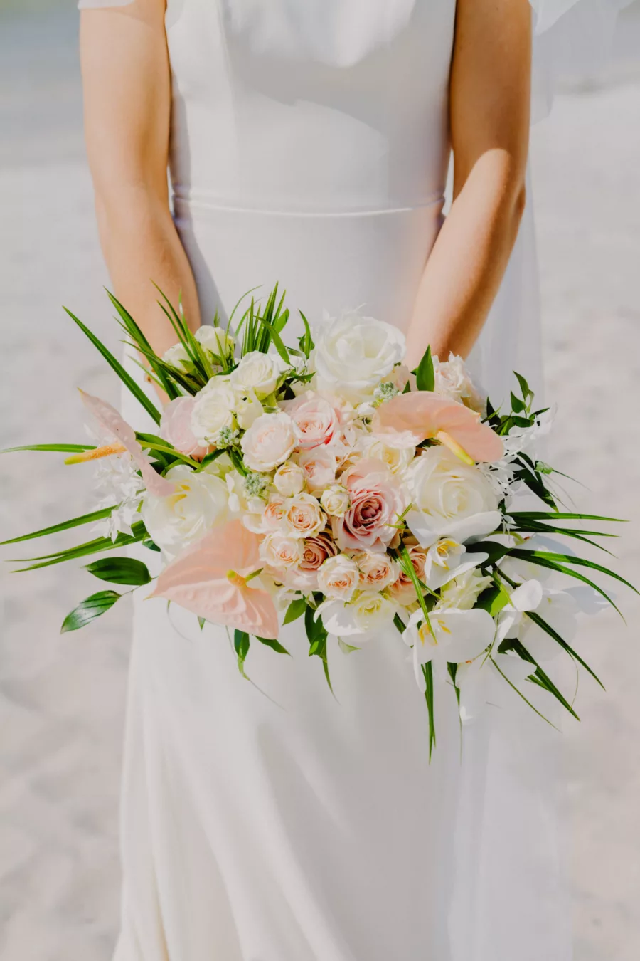 Pink and White Roses, Pink Anthurium, Orchids, and Greenery Tropical Spring Wedding Bouquet | St Pete Florist Monarch Events and Design