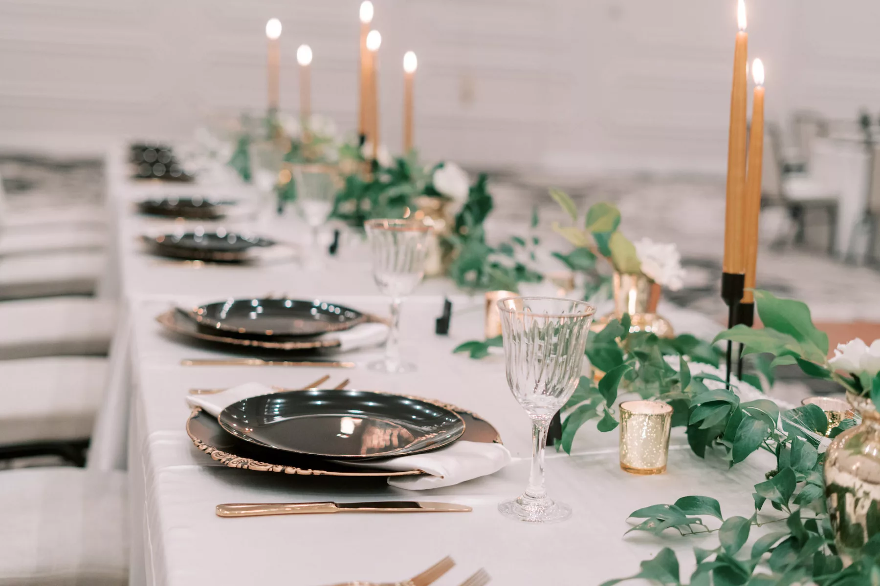 Modern Black and Gold Great Gatsby Wedding Reception Feasting Table Tablescape Inspiration | Tampa Bay Outside The Box Rentals
