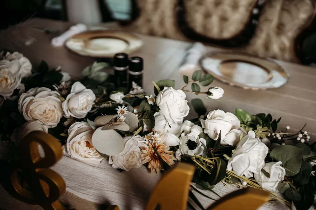 White Rose, Anemones, Blush Garden Rose, and Greenery Garland | Boho Wedding Reception Centerpiece Ideas