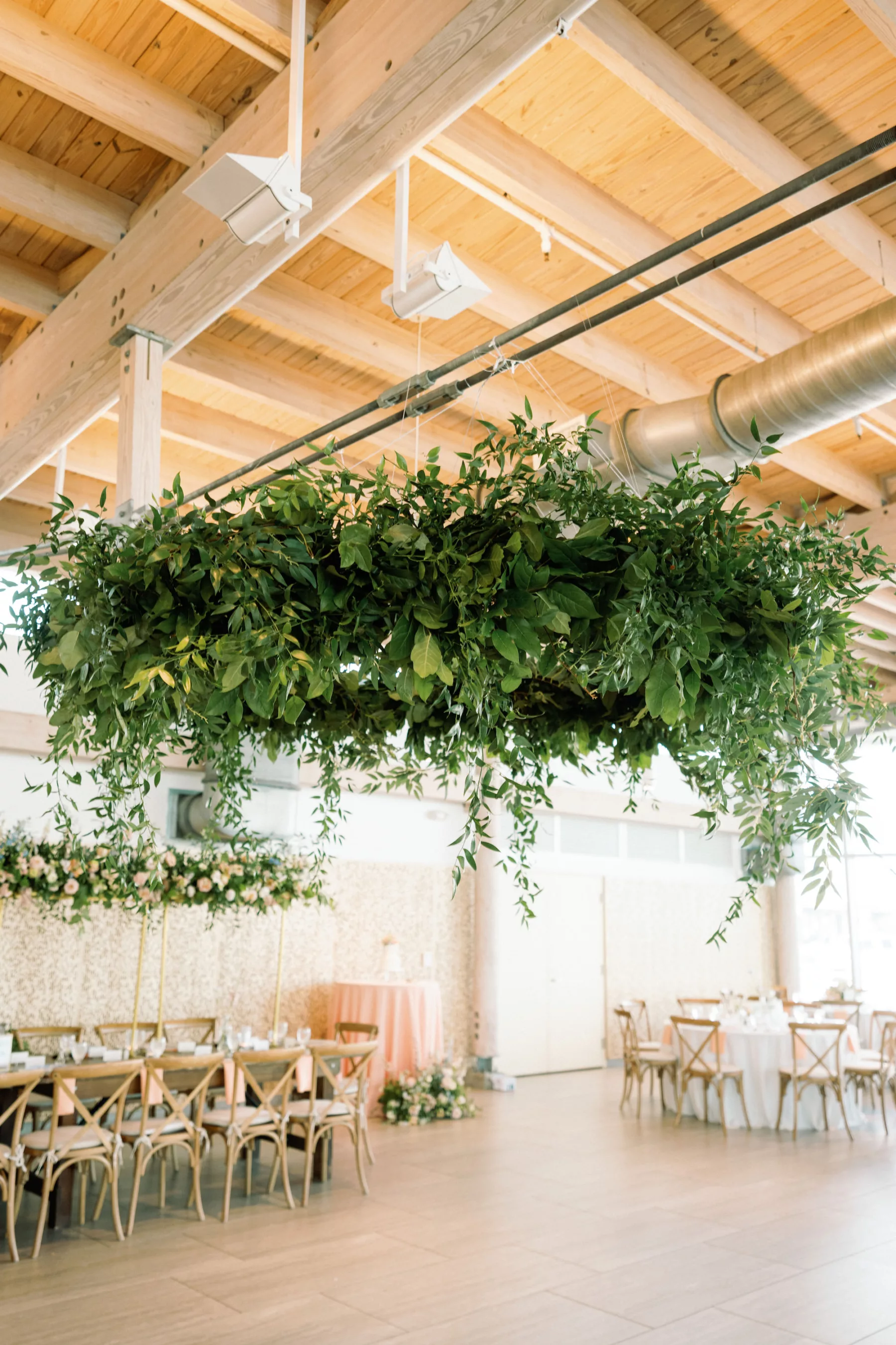 Round Greenery Chandelier for Romantic Pink and Blue Wedding Reception Inspiration