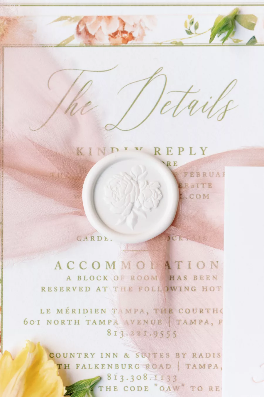 The Details Wedding Invitation Card with White Seal and Pink Ribbon Belly Band Inspiration