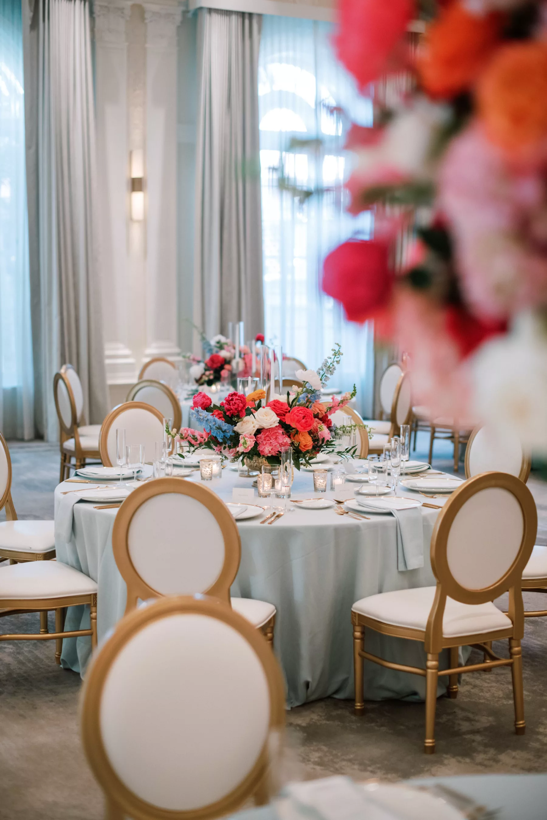 Luxurious Pink and Blue Summer Ballroom Wedding Reception Decor Ideas | Tampa Bay Florist Bruce Wayne Florals | Kate Ryan Event Rentals