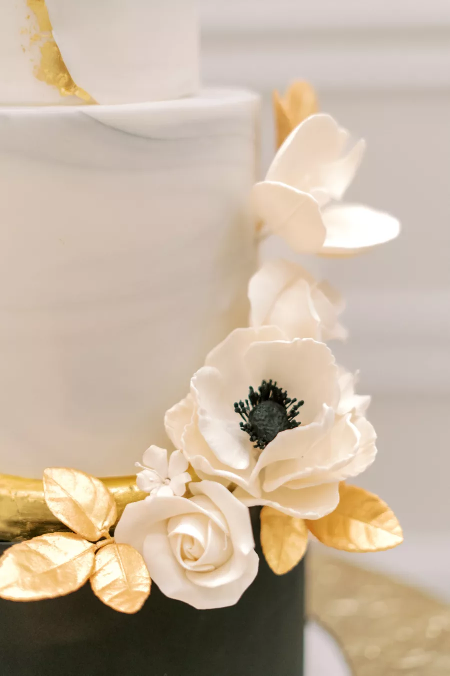 White Anemone Gumpaste Flowers and Gold Leaves for Wedding Cake | Tampa Bay Cake Company