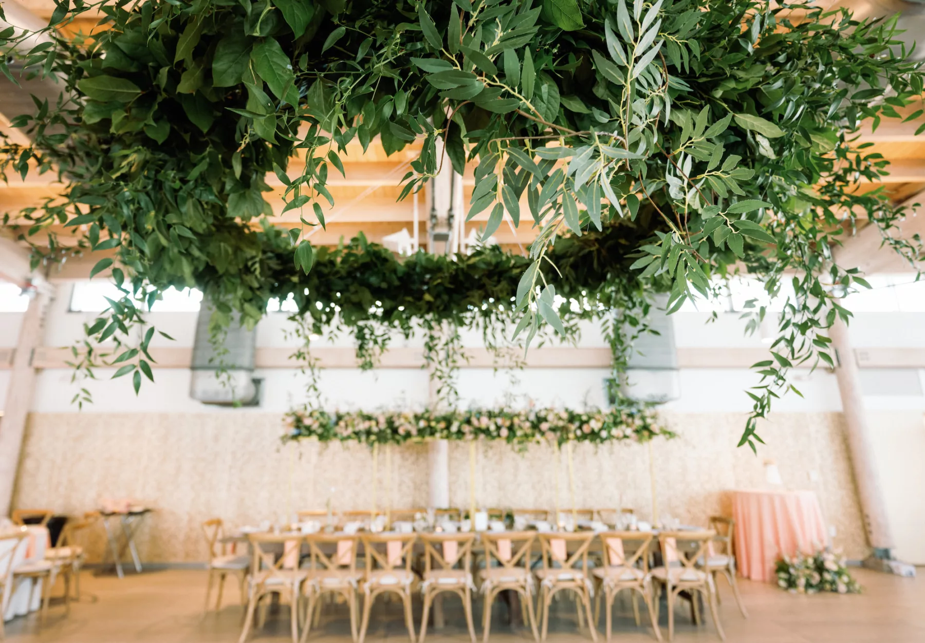 Round Greenery Chandelier for Romantic Pink and Blue Wedding Reception Inspiration | Tampa Bay Planner Wilder Mind Events | Venue Tampa River Center