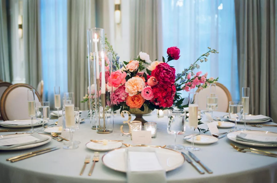 Luxurious Pink and Blue Wedding Reception Centerpiece Tablescape Decor Ideas | Pink Anemones and Hydrangeas, Orange Garden Roses, Blue Stock Flowers | Tampa Bay Florist Bruce Wayne Florals