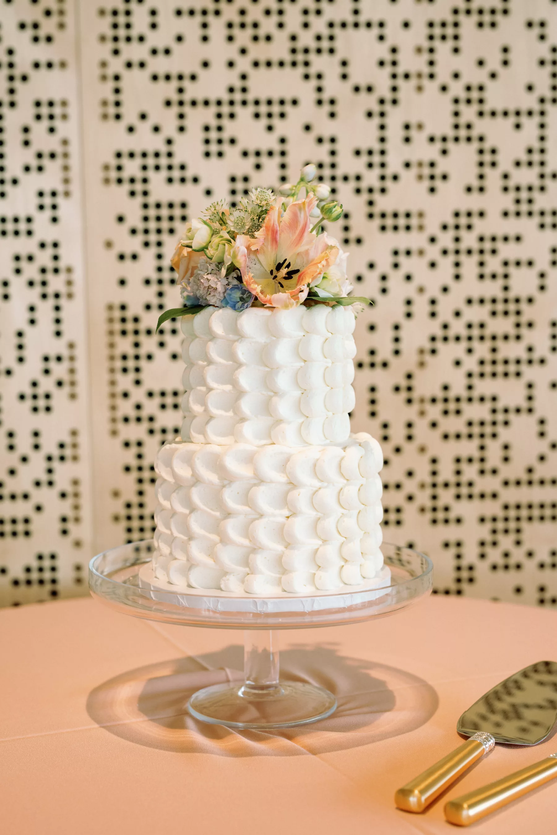 Round Two-Tiered Textured White Buttercream Wedding Cake with Pastel Flower Cake Topper Ideas