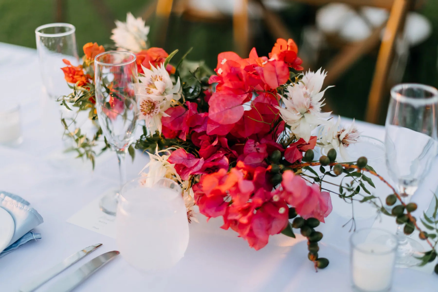 Pink Bougainvillea and White Protea Old Florida Wedding Reception Centerpiece Inspiration