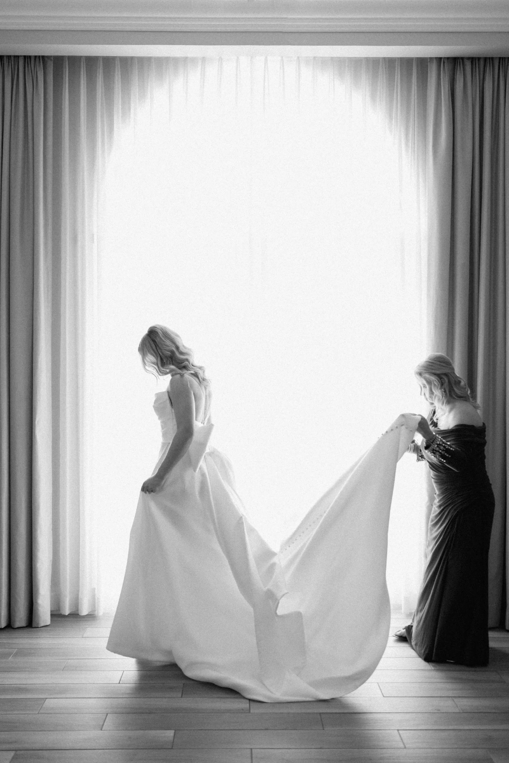 Bride Getting Ready Wedding Portrait | Romantic White Satin A Line Wedding Dress with Bow Inspiration