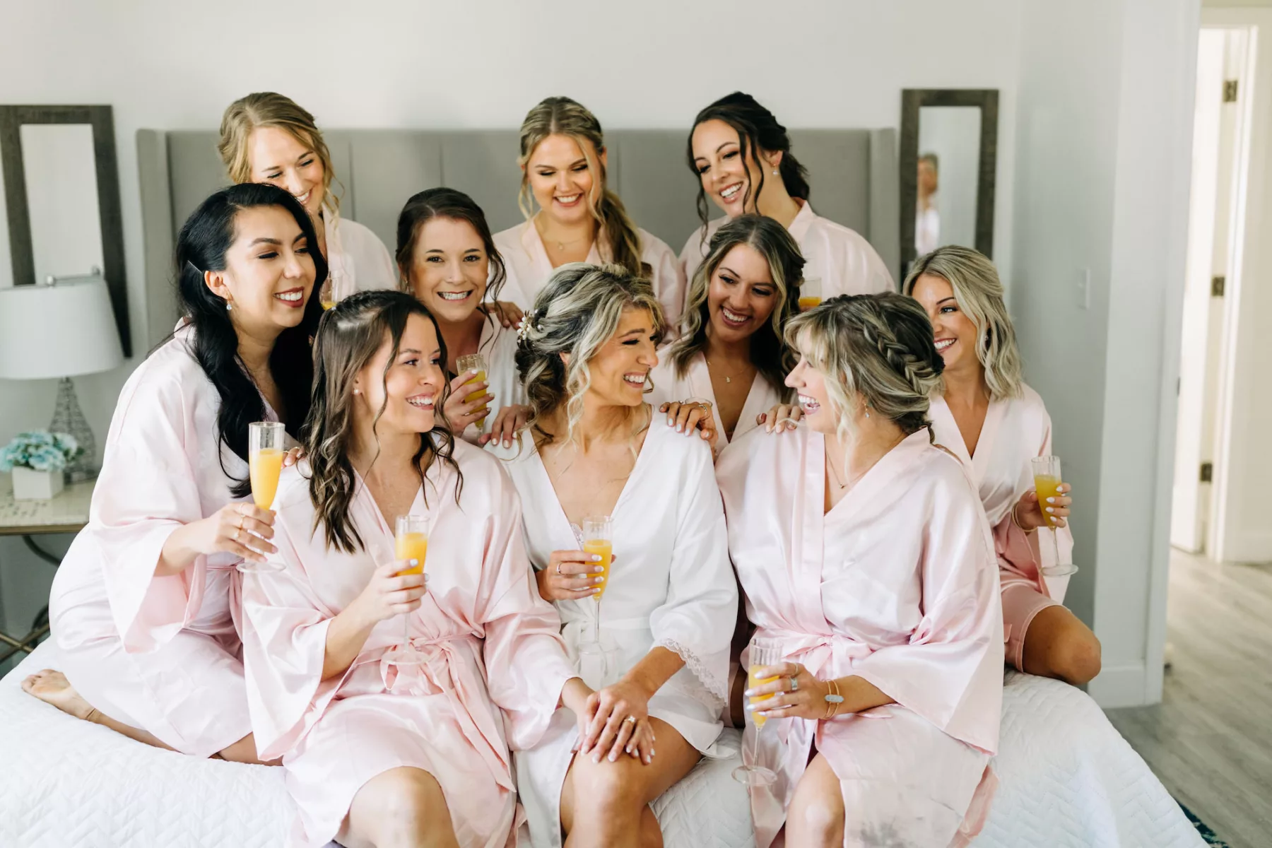 Bride and Bridesmaids Getting Ready Wedding Portrait | Matching Blush Robe Ideas | Tampa Bay Hair and Makeup Artist Femme Akoi Beauty Studio