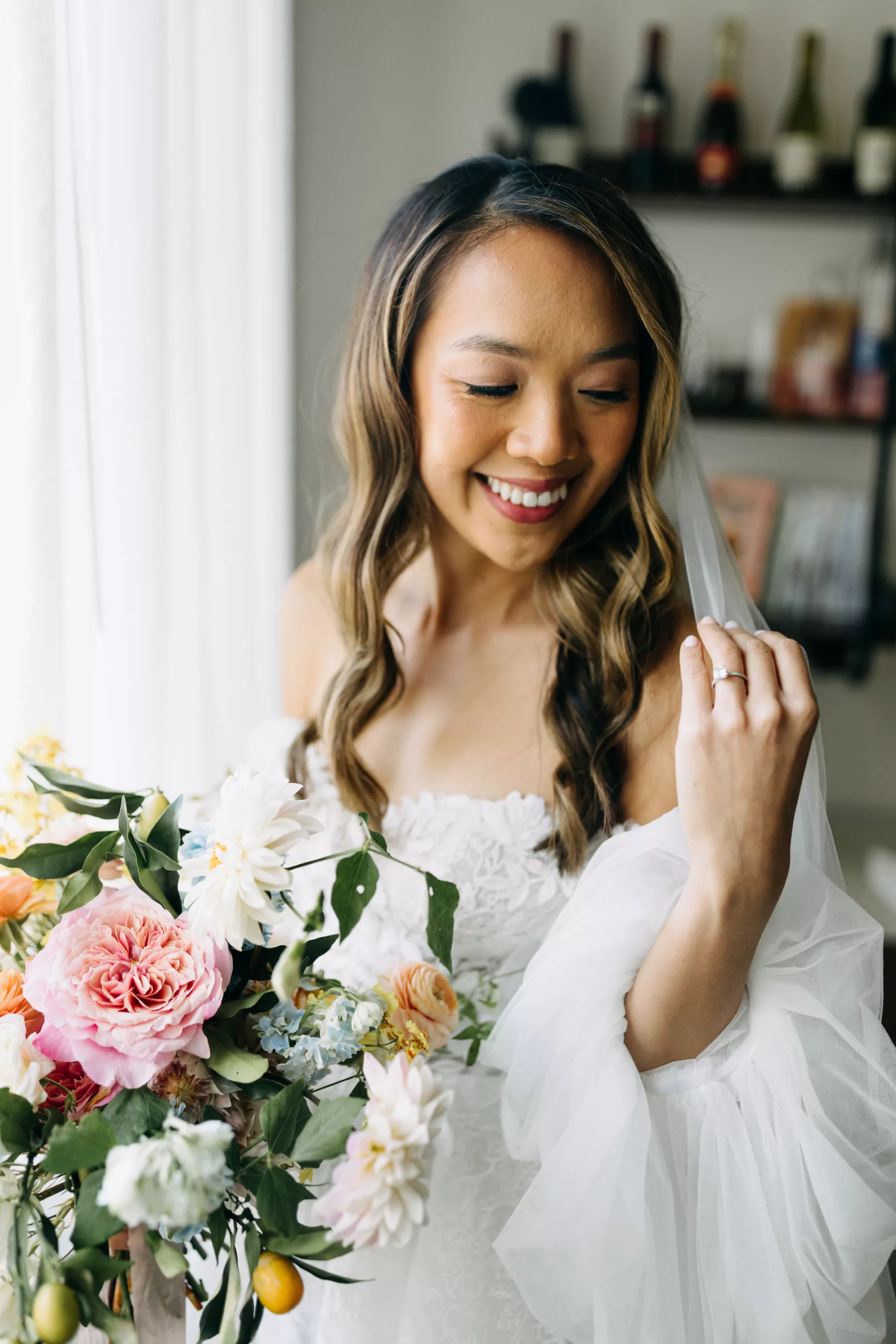 Bride Getting Ready Wedding Portrait | White Lace Off The Shoulder A Line Wedding Dress with Removable Puff Sleeves Ideas | Elegant Bridal Curls, Natural Inspired Makeup | Tampa Bay Hair and Makeup Artist Femme Akoi Beauty Studio | Photographer Amber McWhorter Photography