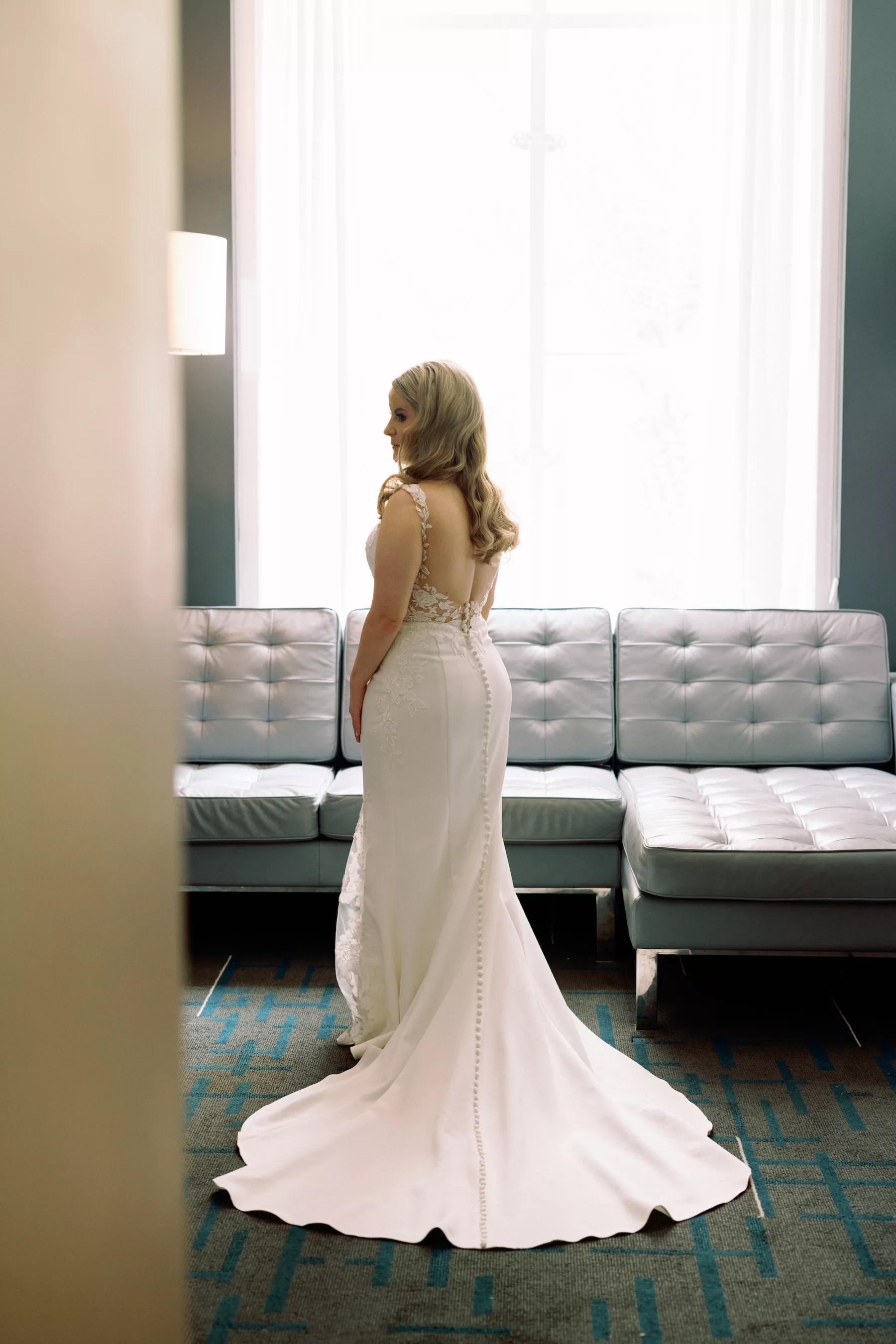 White Lace Fit and Flare Wedding Dress with Plunging Neckline and Open Back Inspiration | Boutique Truly Forever Bridal Tampa | Dewitt for Love Photography