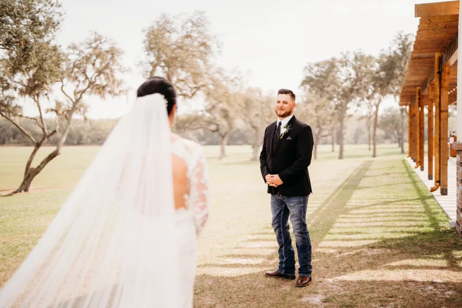 Bride and Groom First Look Wedding Portrait | Tampa Bay Event Venue Simpson Lakes