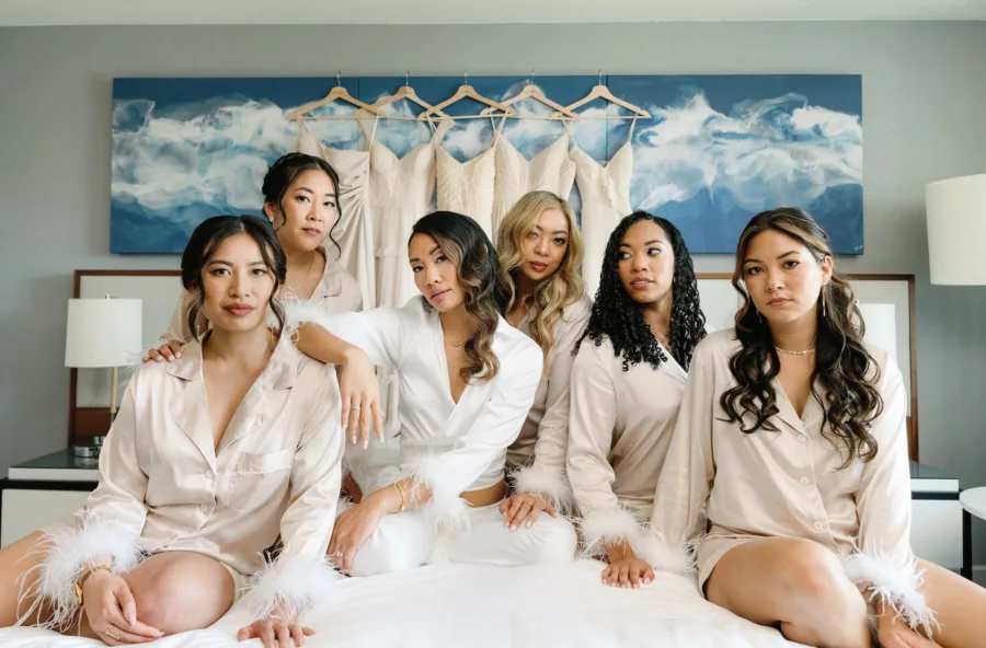 Bride Getting Ready with Bridesmaids Wedding Portrait | Neutral Matching Champagne Pajamas | Tampa Bay Hair and Makeup Artist Femme Akoi Beauty Studio | Photographer Dewitt for Love Photography