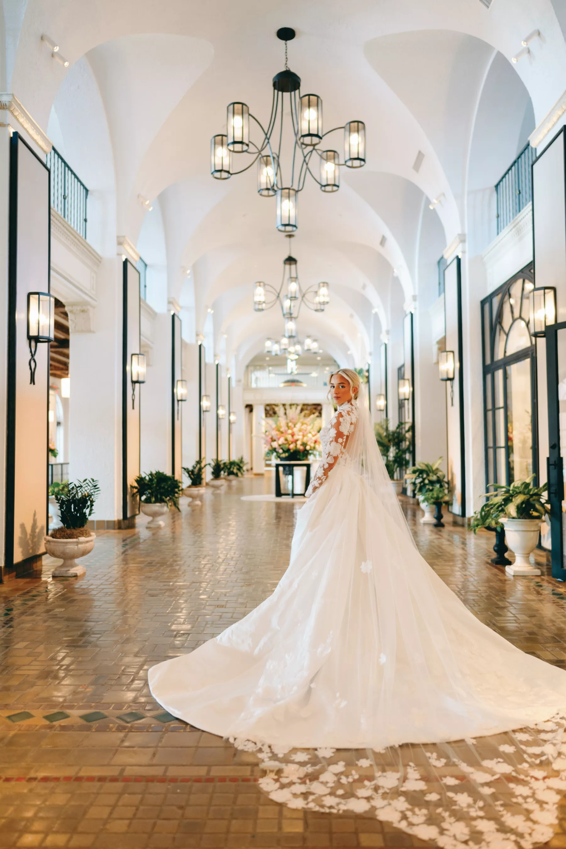 Long Sleeve Embroidered Flower Fit and Flare Anne Barge Solana Wedding Dress with Detachable Train Inspiration | St Pete Historic Hotel Venue The Vinoy