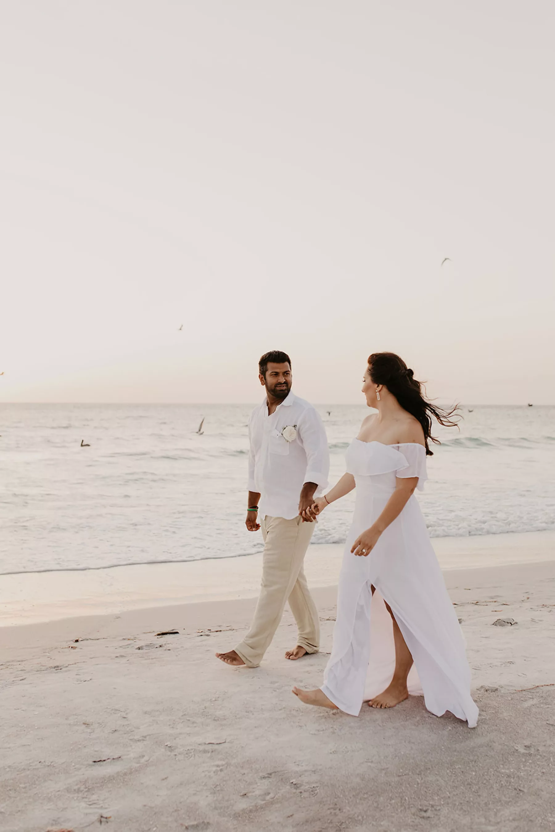 Bride and Groom Sunset Beach Walk Wedding Portrait | Tampa Bay Photographer Valentina Rose Photography
