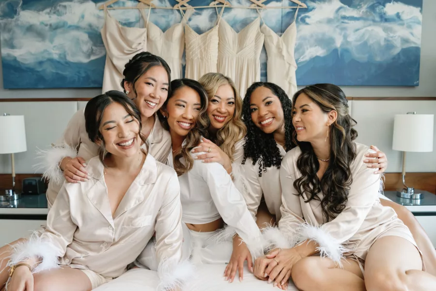 Bride Getting Ready with Bridesmaids Wedding Portrait | Neutral Matching Champagne Pajamas | Tampa Bay Hair and Makeup Artist Femme Akoi Beauty Studio | Photographer Dewitt for Love Photography