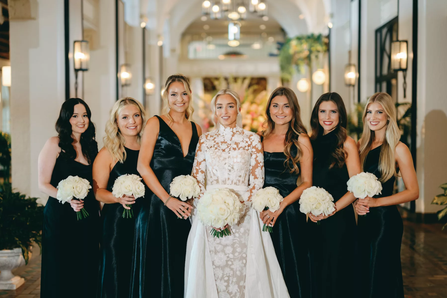 Mismatched Black Bridesmaid Dress Ideas | White Rose Wedding Bouquet Inspiration