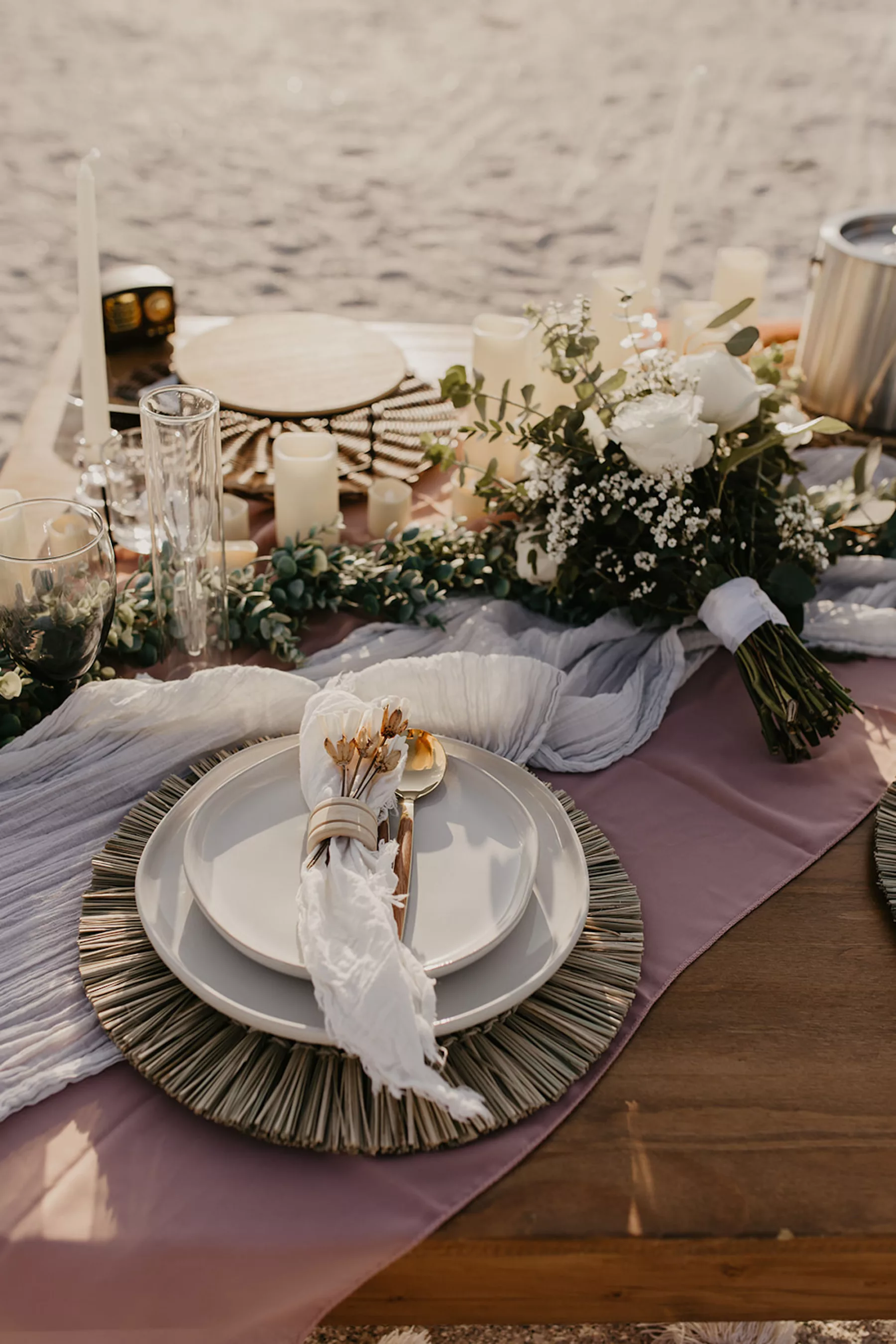 Intimate Boho Beach Wedding Elopement Picnic Decor Ideas | White Cheesecloth Table Runner, Greenery Garland, Taper and Flameless Candles