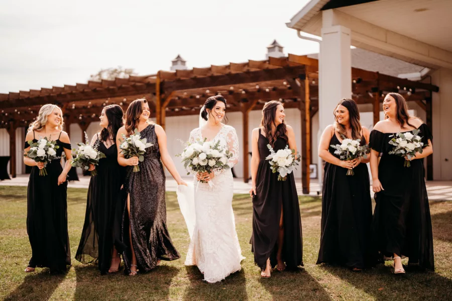 Southern Wedding Attire Inspiration | Mismatched Black Floor Length Bridesmaids Dress Ideas | Venue Simpson Lakes