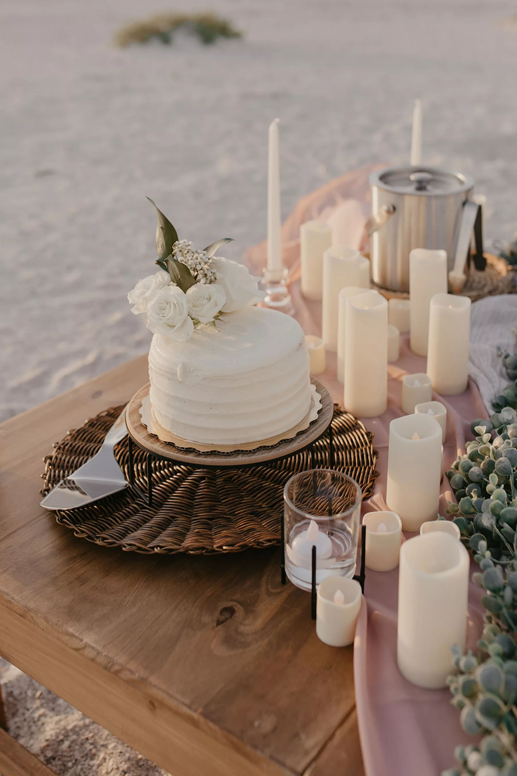 Intimate Boho Beach Wedding Elopement Cake Tablescape Ideas | White Single Tiered Round Buttercream Wedding Cake Ideas