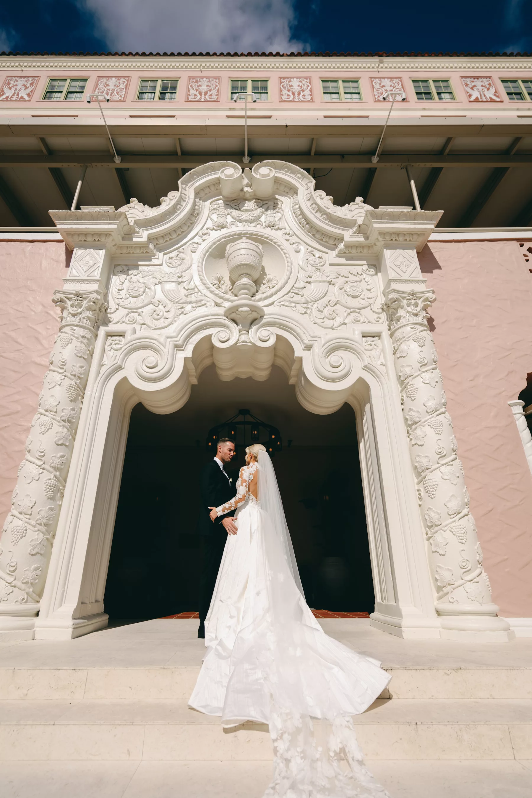 Bride and Groom First Look Wedding Portrait | St Pete Historic Hotel Venue The Vinoy