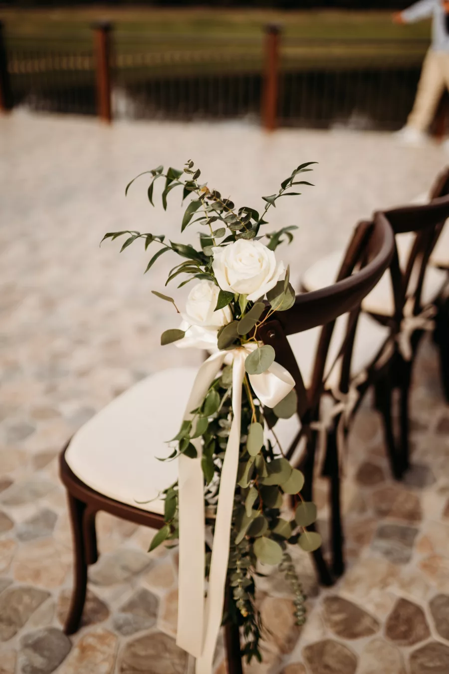 Southern Wedding Ceremony Aisle Chair Flower Arrangement Decor Ideas | White Roses, Greenery, and Ribbon