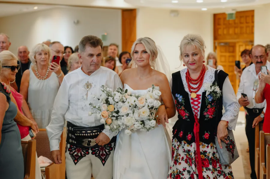 Traditional Polish Wedding Ceremony Attire Ideas | Bride and Parents Walking Down Aisle Wedding Portrait